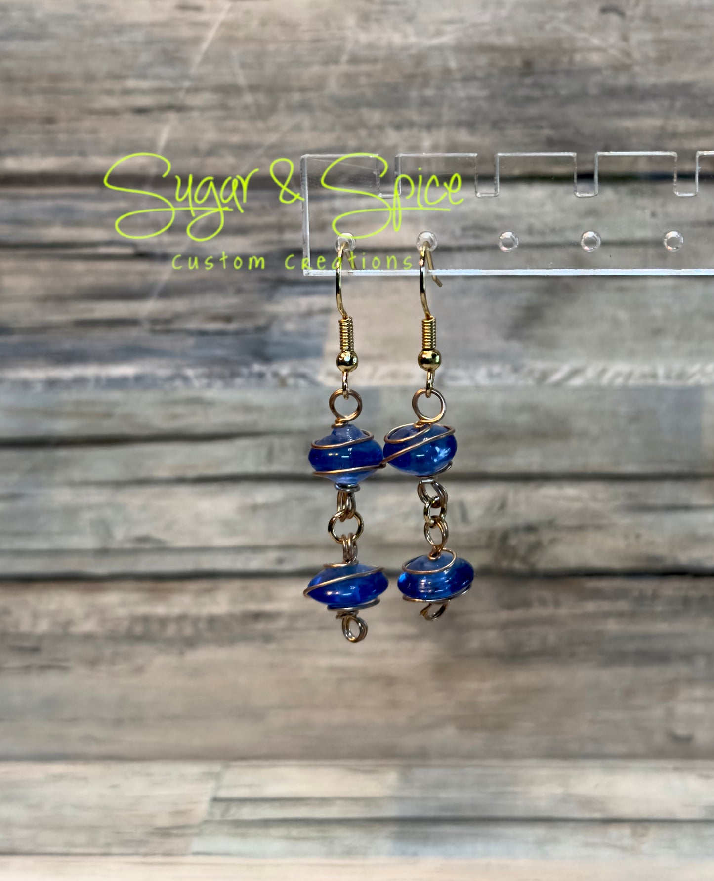 Blue Glass Gold Wrapped Dangle Earrings