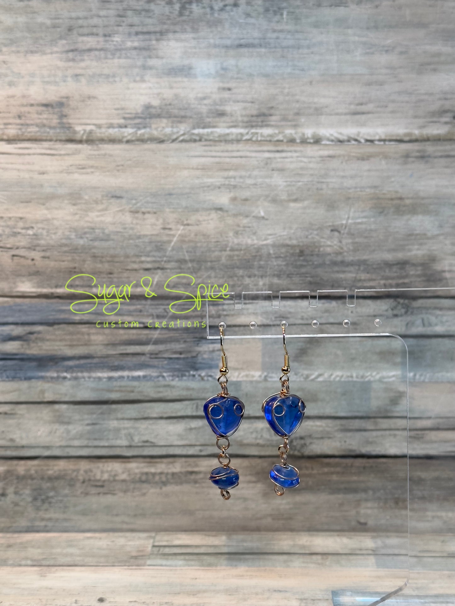 Blue Glass Gold Wrapped Dangle Earrings