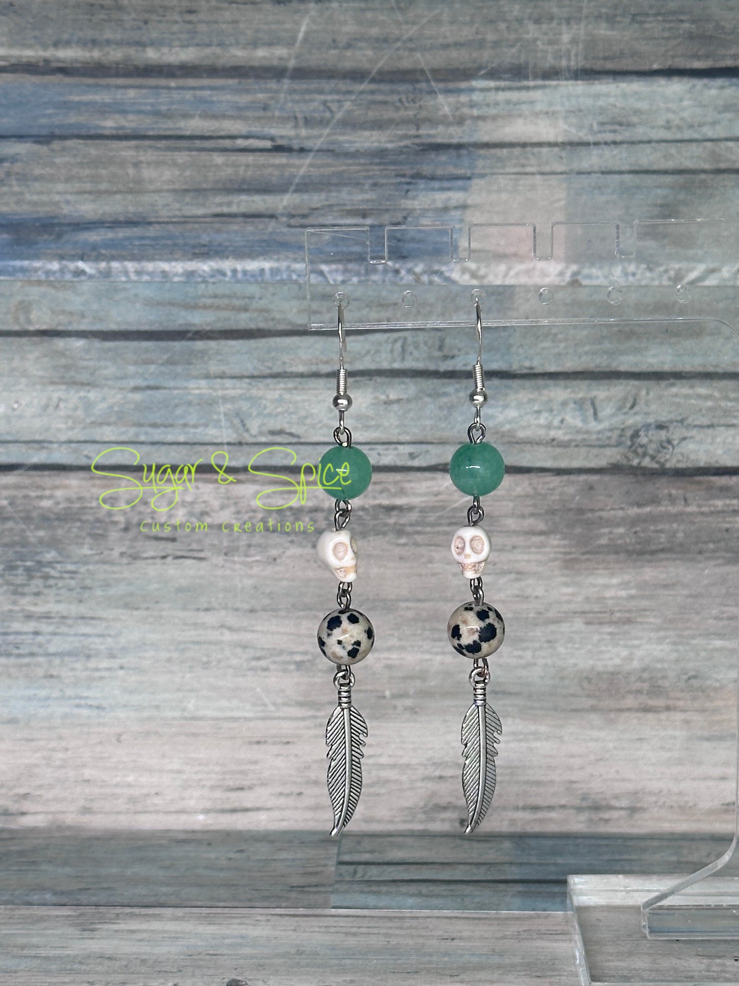 Green quartz, Dalmatian Jasper Skull Head Earrings