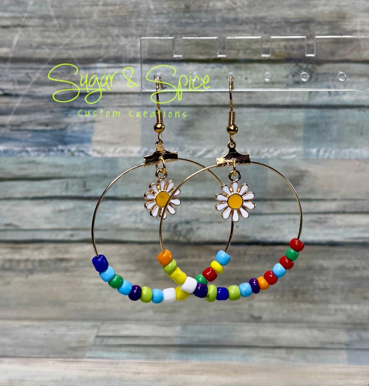 Rainbow Sprinkles Glass Seed Beads with Sunflower Charm Hoop Earrings
