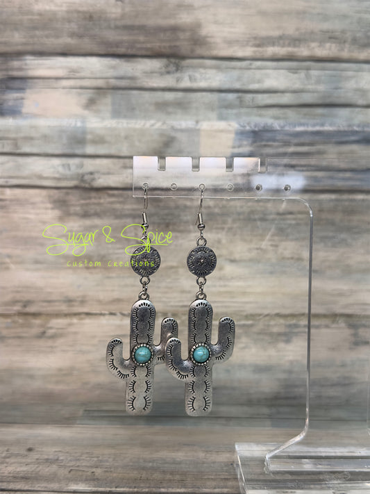 Silver Dangle Cactus Earrings