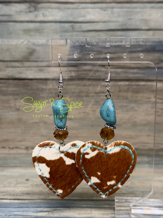 Imitation turquoise, faux leather, calf hair heart pendant, dangle earrings