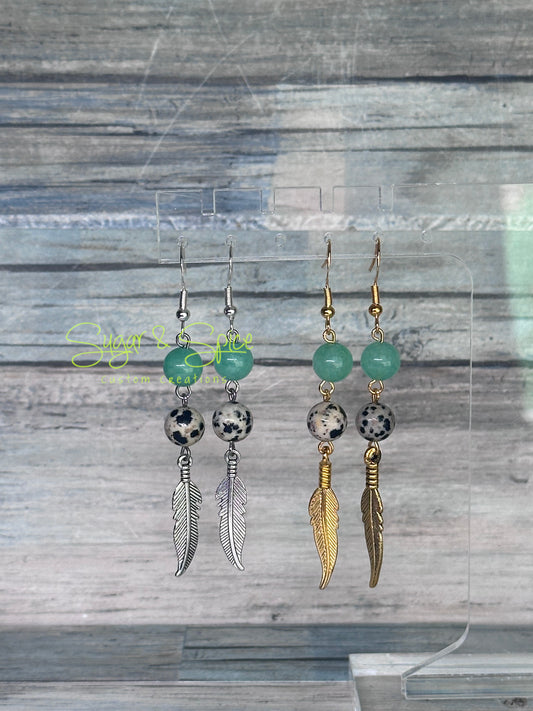 Green Quartz, Dalmatian, Jasper Feather Earrings ￼