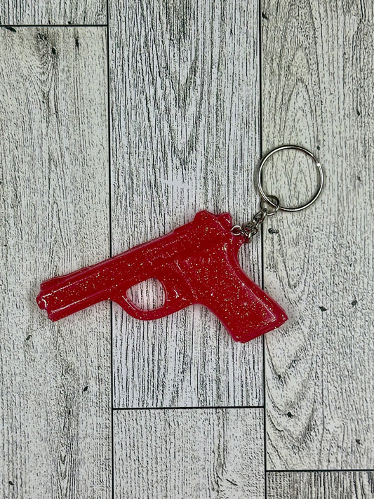 Pink Glittered Resin Pistol Keychains