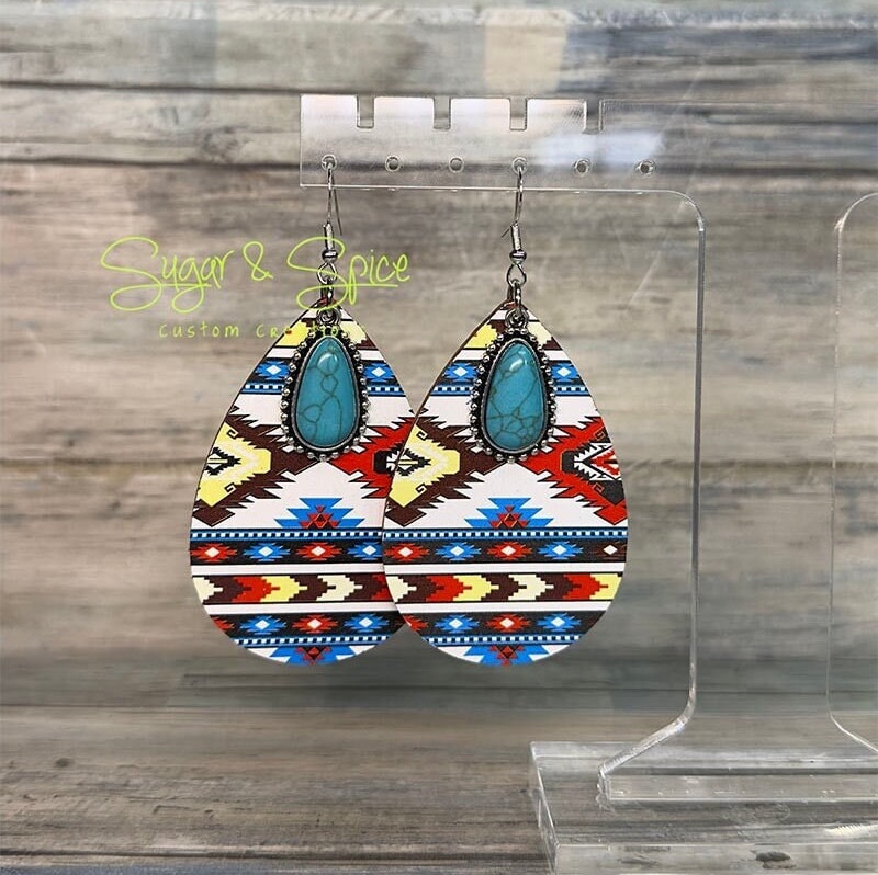 Aztec Wooden Teardrop Earrings