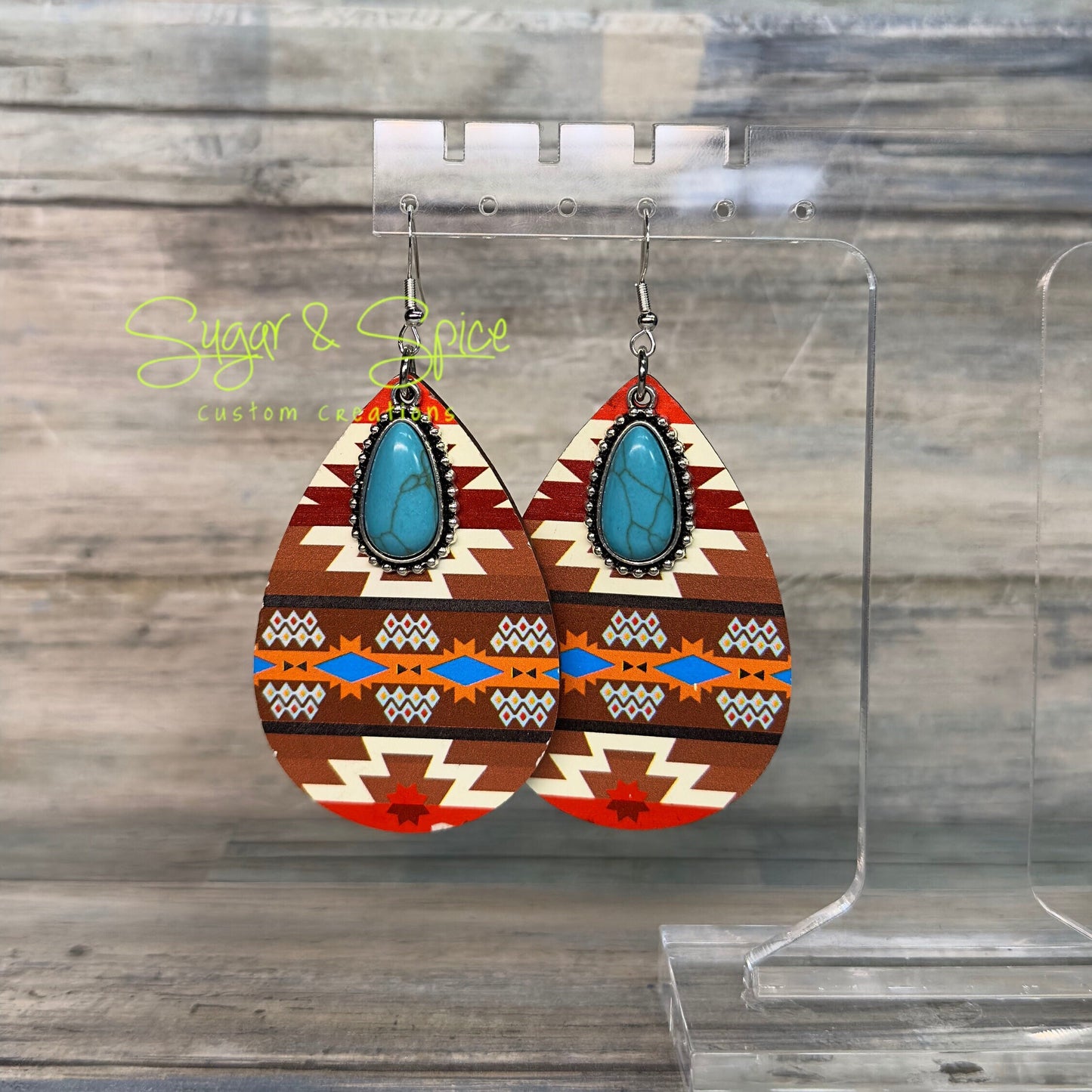 Aztec Wooden Teardrop Earrings