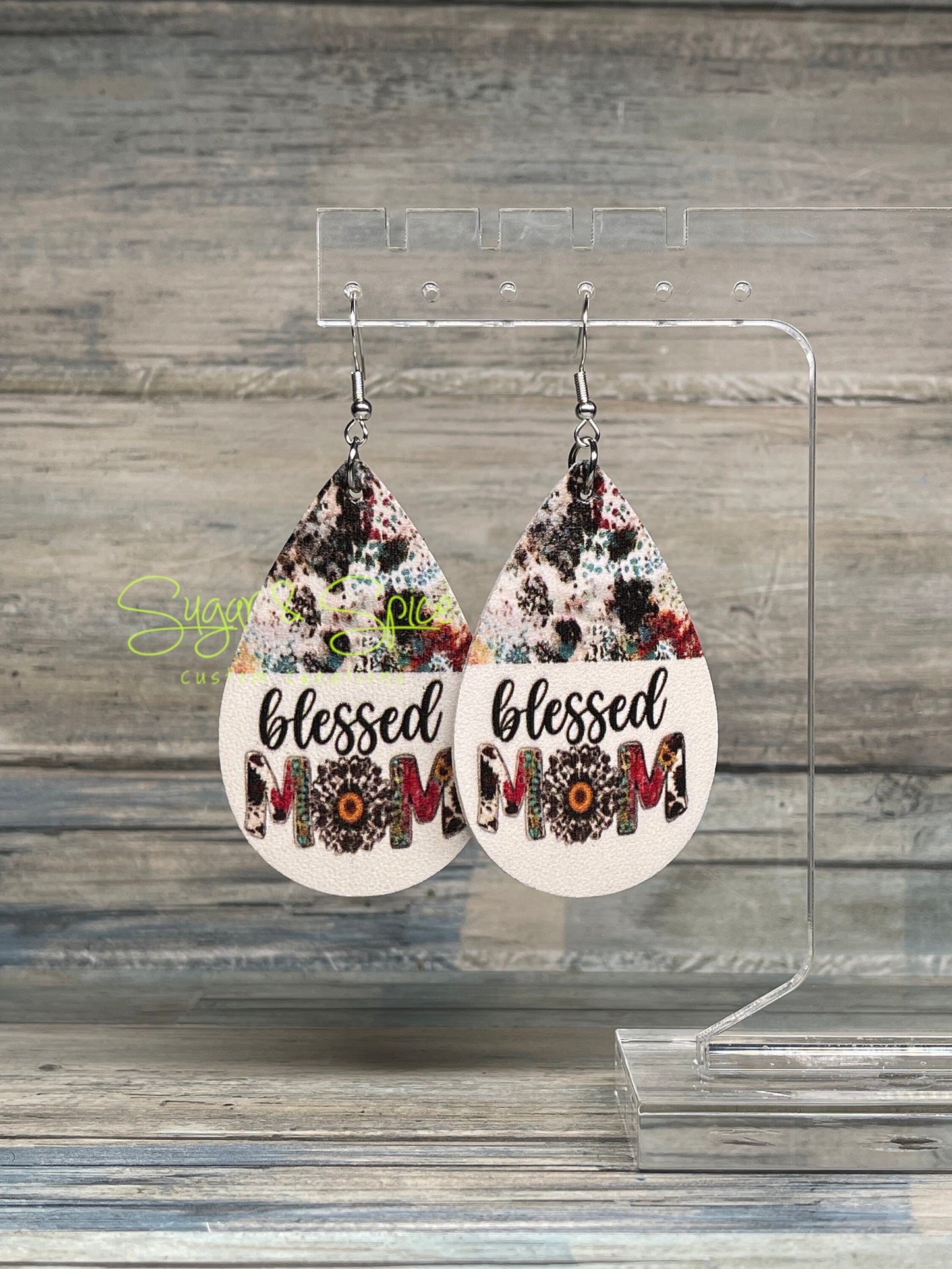 Blessed Mom Faux Leather Earrings