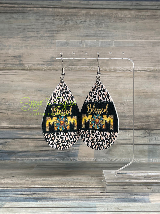 Blessed Mom Faux Leather Earrings