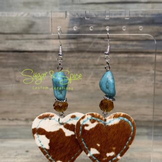 Imitation turquoise, faux leather, calf hair heart pendant, dangle earrings