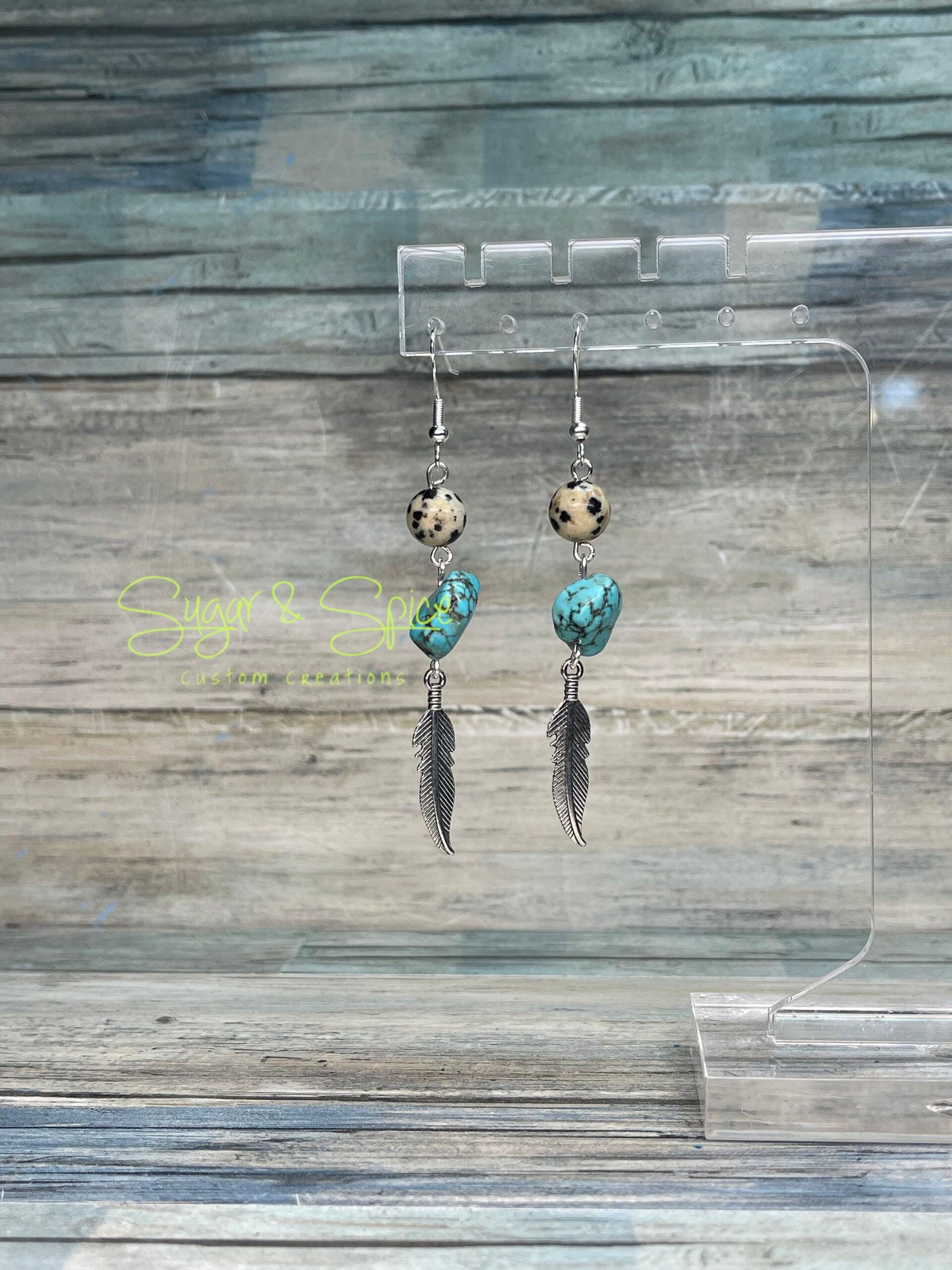 Various Jasper, Bone and Turquoise Dangle Earrings - Image 6