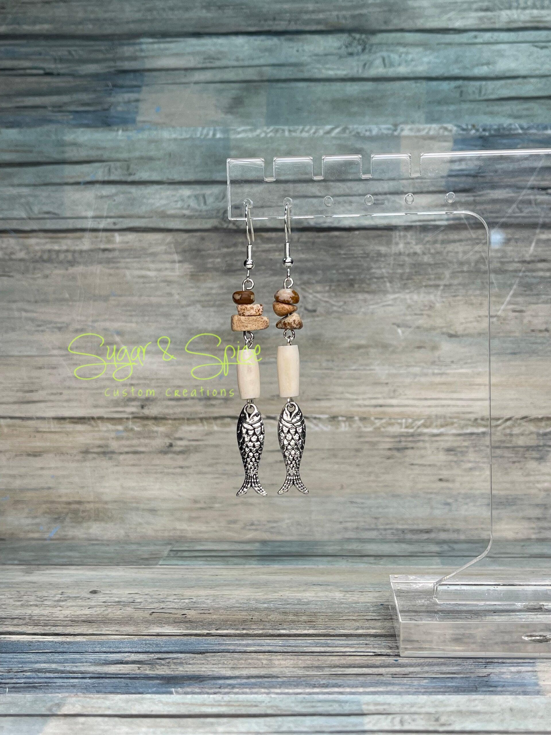 Various Jasper, Bone and Turquoise Dangle Earrings - Image 4