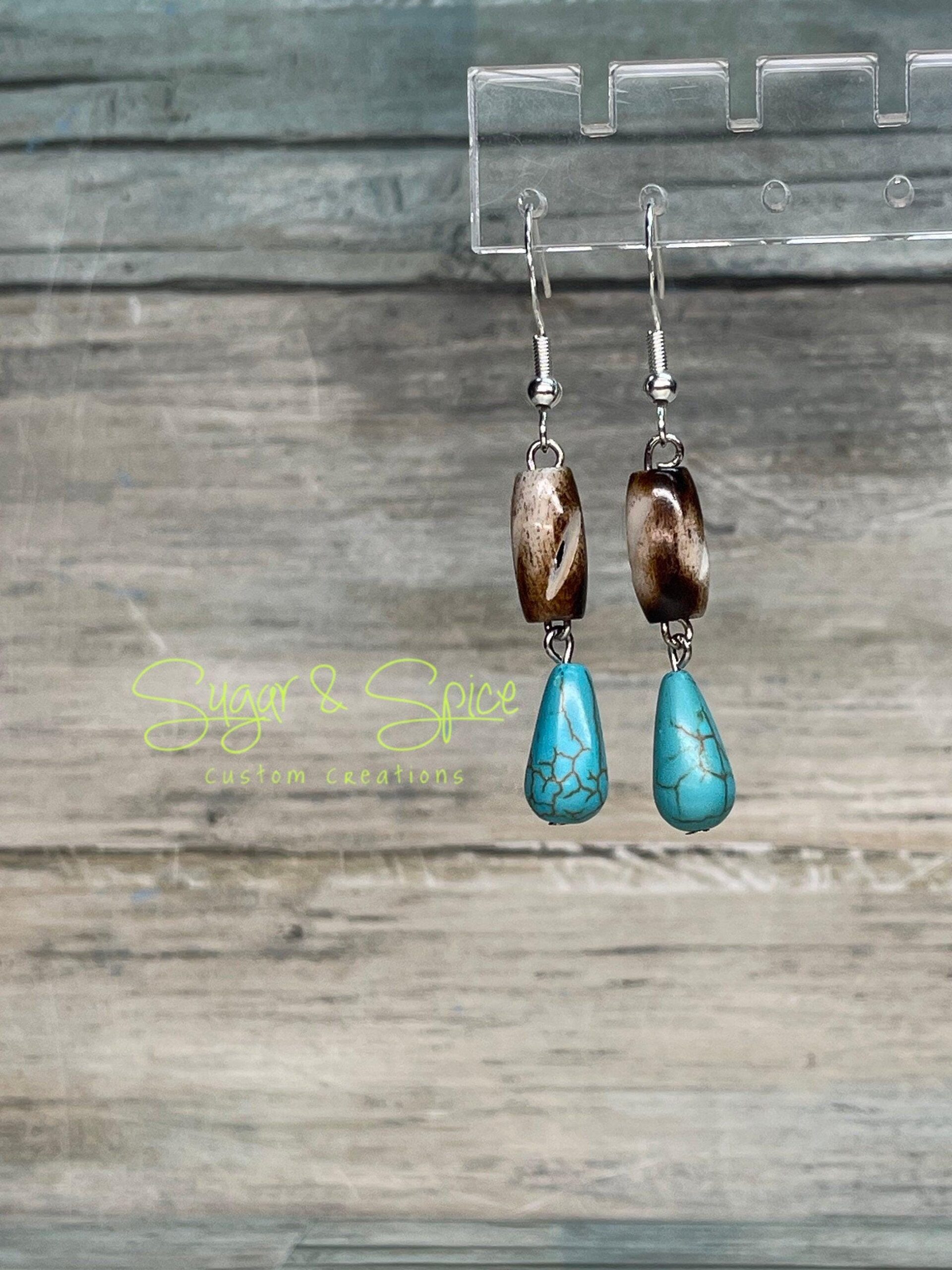 Various Jasper, Bone and Turquoise Dangle Earrings - Image 5