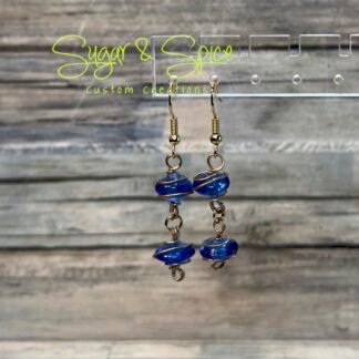 Blue Glass Gold Wrapped Dangle Earrings