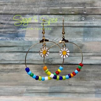 Rainbow Sprinkles Glass Seed Beads with Sunflower Charm Hoop Earrings