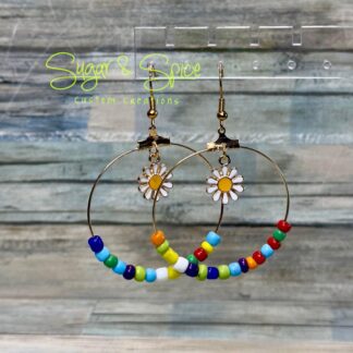Rainbow Sprinkles Glass Seed Beads with Sunflower Charm Hoop Earrings