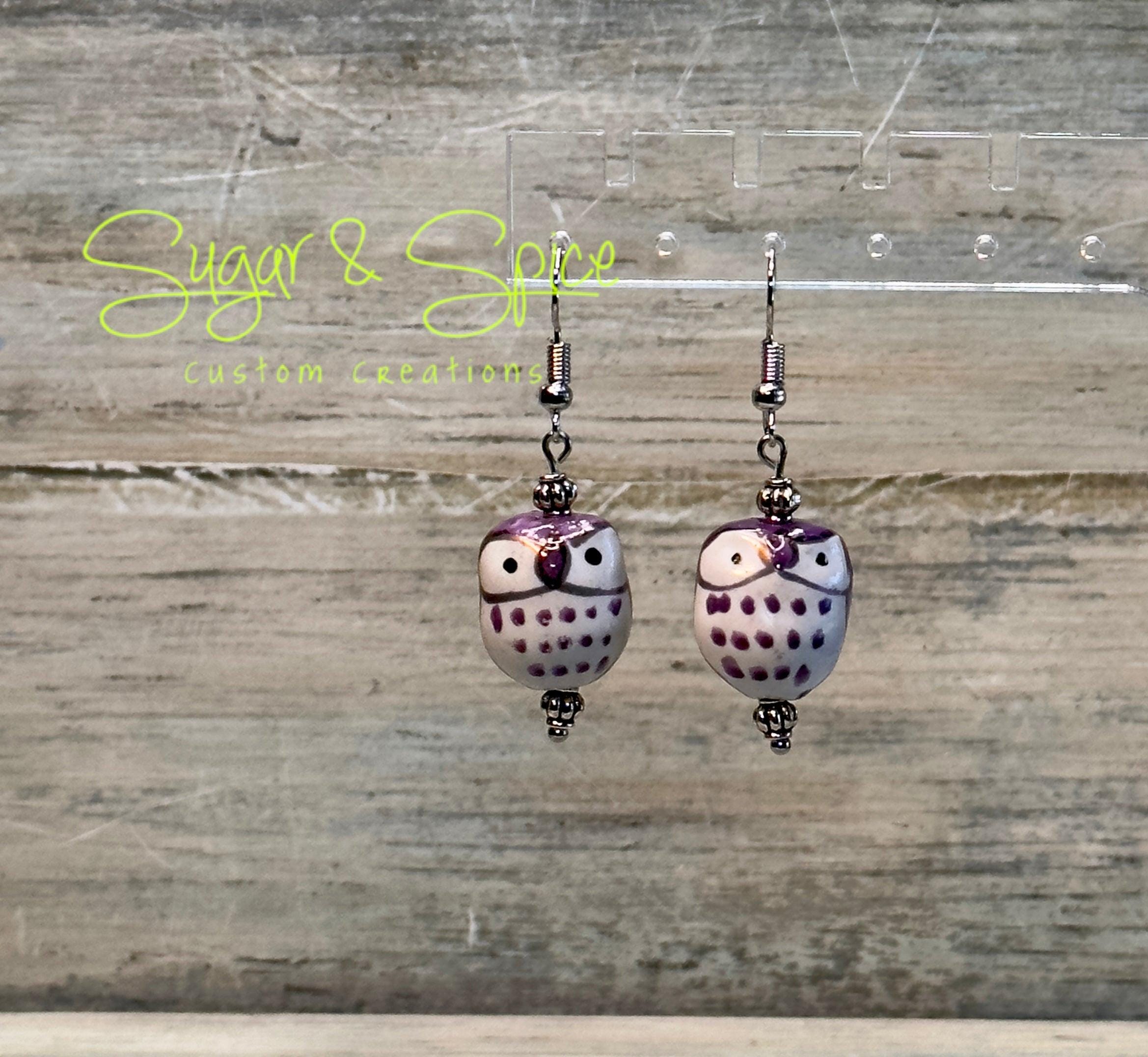 Multicolored Hand Painted Ceramic Owl Earrings - Image 4
