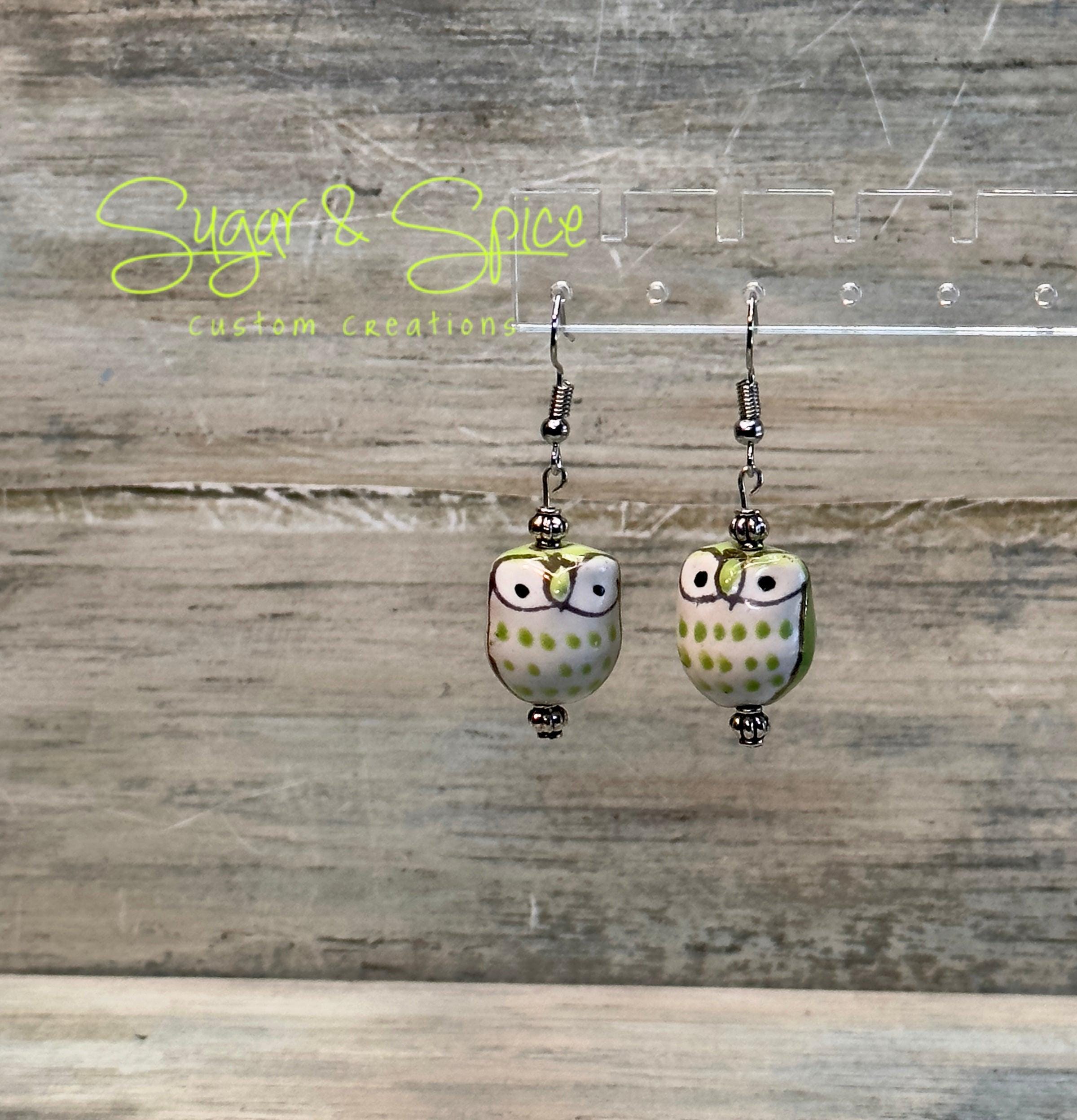 Multicolored Hand Painted Ceramic Owl Earrings - Image 2