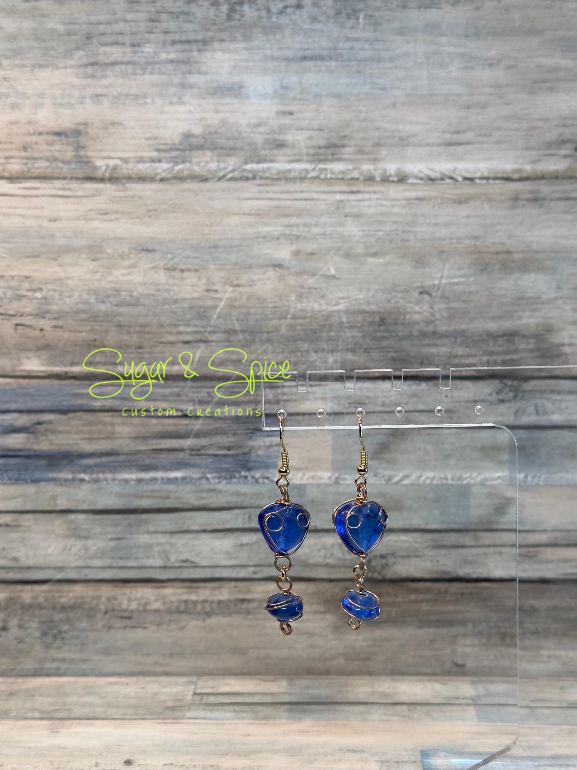 Blue Glass Gold Wrapped Dangle Earrings - Image 2