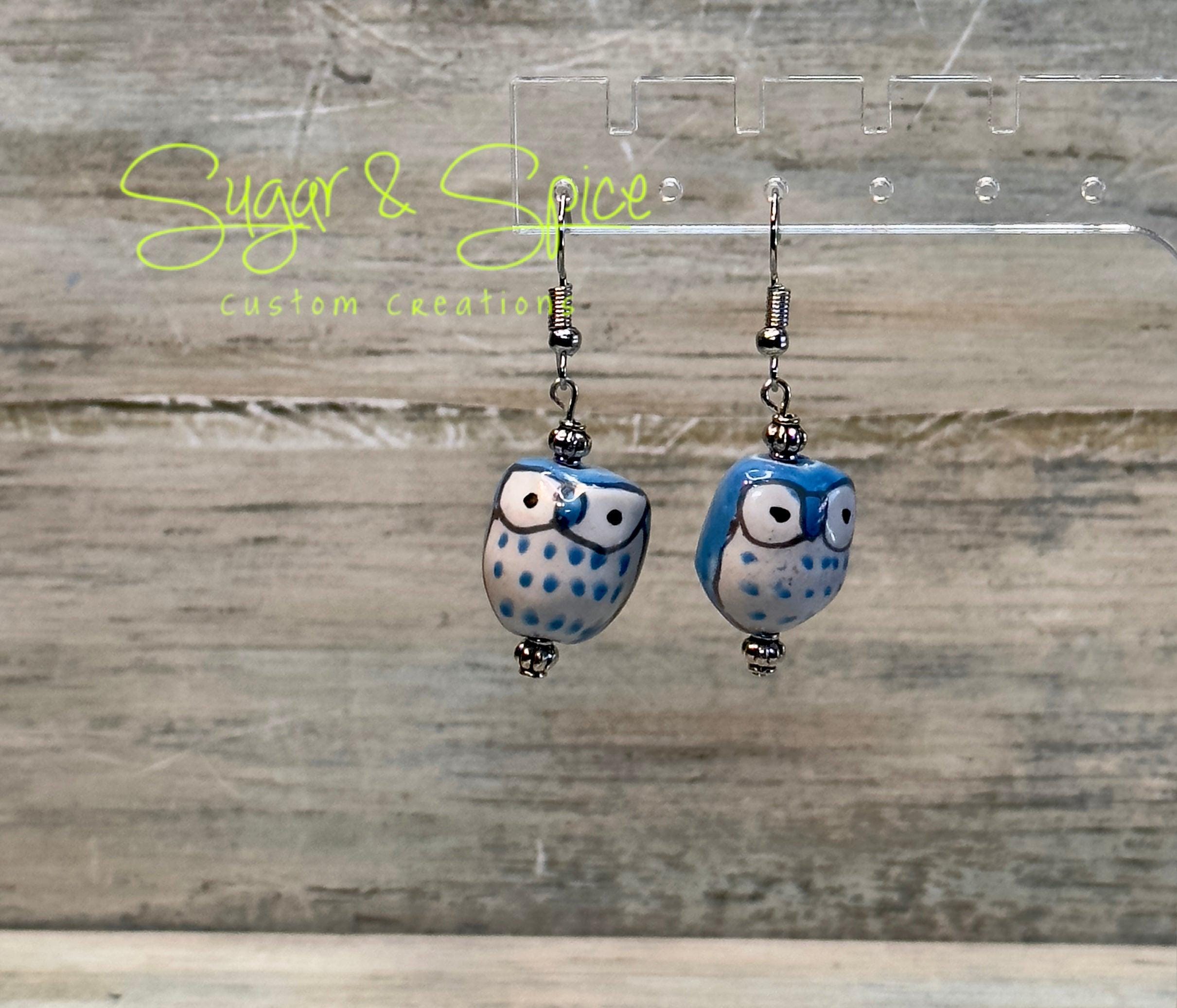 Multicolored Hand Painted Ceramic Owl Earrings - Image 3