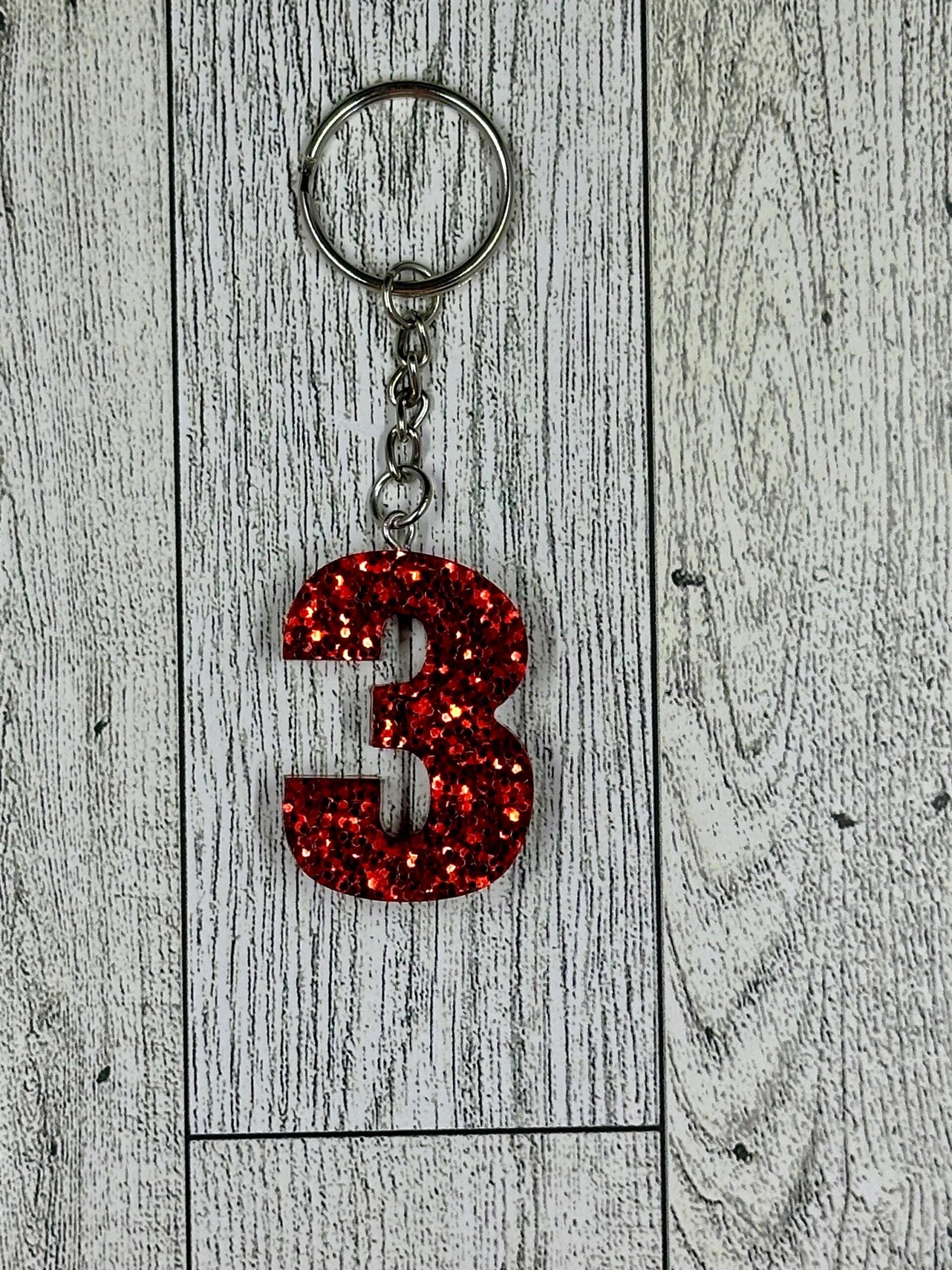 Red Glitter Resin Number Keychains - Image 3